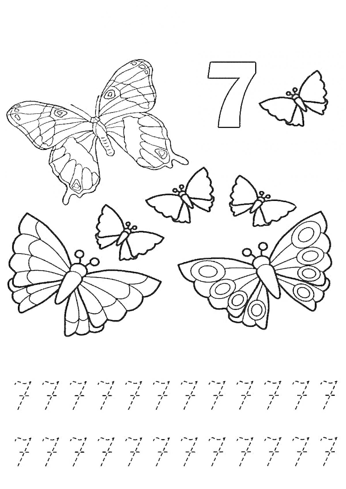 Раскраска Семь бабочек с цифрой 7 и образцом для обводки