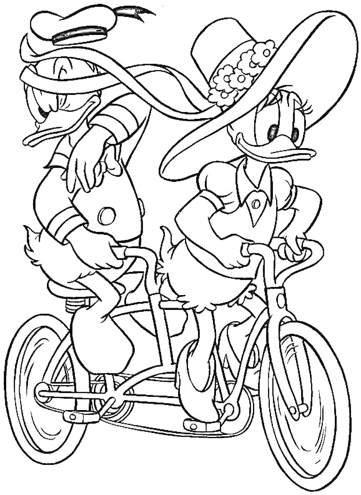 Дональд Дак и Дейзи Дак на велосипеде
