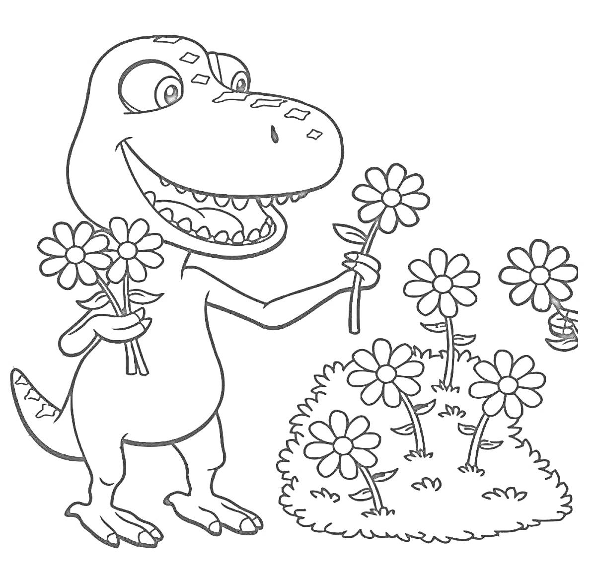 Раскраска Динозавр с цветами и кустом