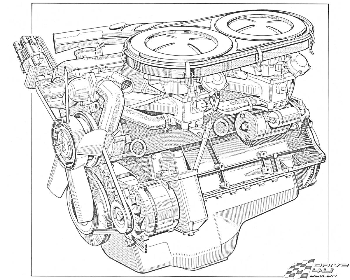 Раскраска Двигатель внутреннего сгорания с открытым корпусом, видны крыльчатка вентилятора, ременный привод, шкивы, цилиндры, клапанные крышки и другие детали.