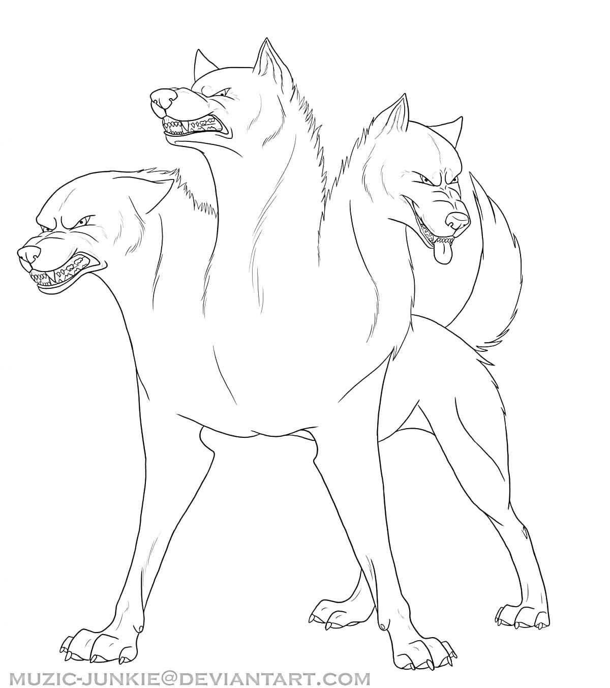 На раскраске изображено: Цербер, Три головы, Агрессивный, Собака, Мифические существа