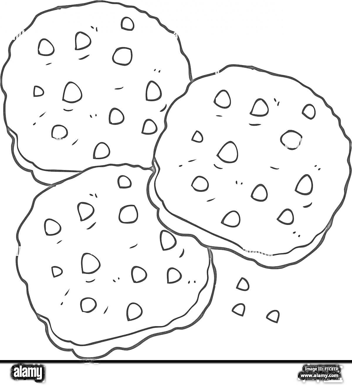 Раскраска Три печенья с кусочками шоколада и крошками