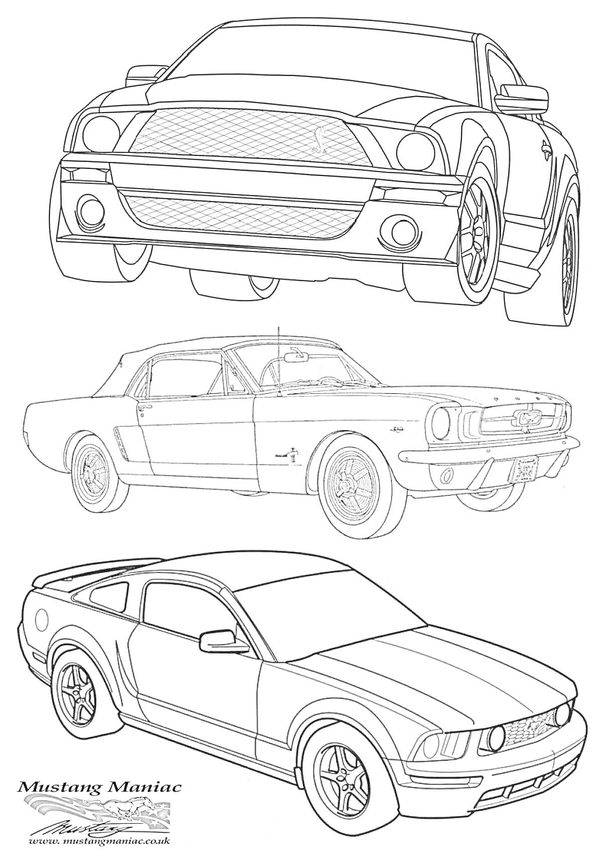 Раскраска Раскраска с тремя автомобилями Ford Mustang различных моделей (передний план, вид сбоку и диагональный вид)