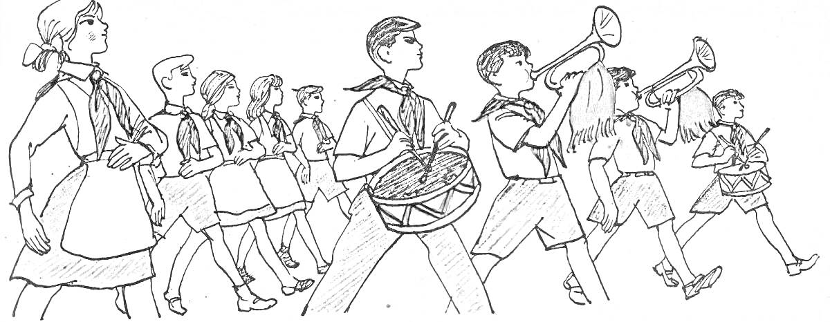 На раскраске изображено: Парад, Барабан, Школьная форма, Для детей, Девочка, Мальчик