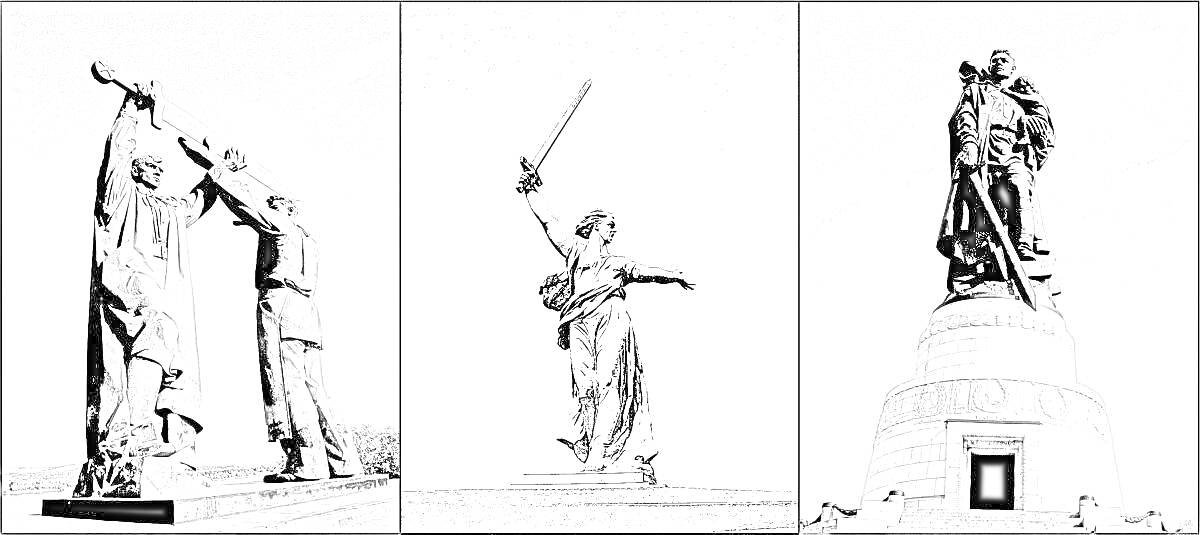 Монументальные скульптуры: солдат и женщина с венком (слева), женщина с мечом (по центру), два воина на постаменте (справа)