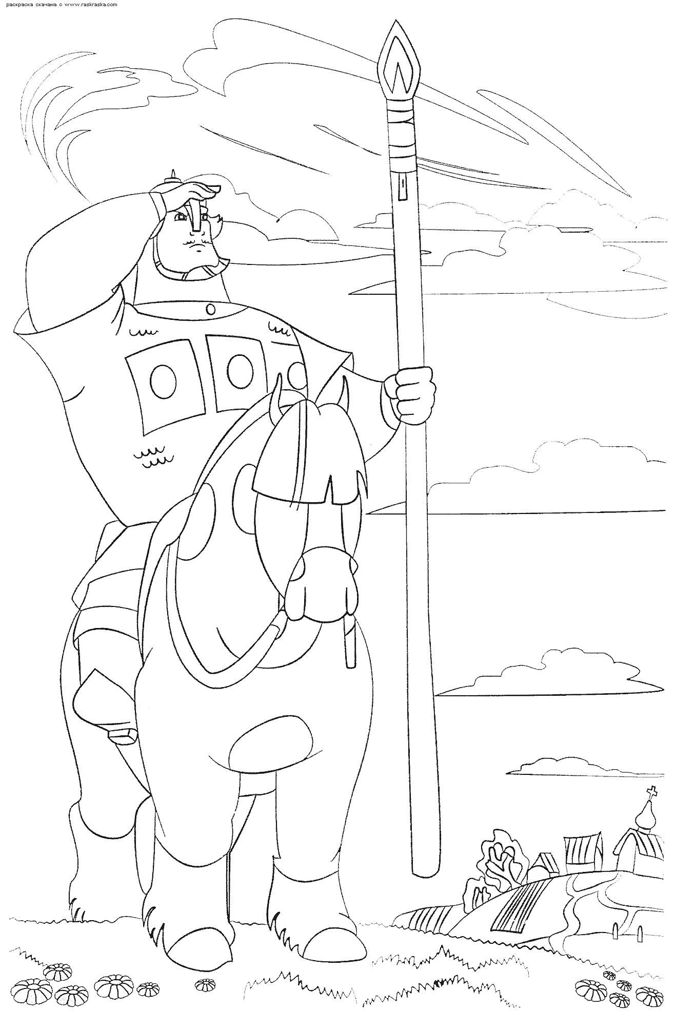 Раскраска Богатырь на коне с копьем на фоне деревенского пейзажа, гор и облаков