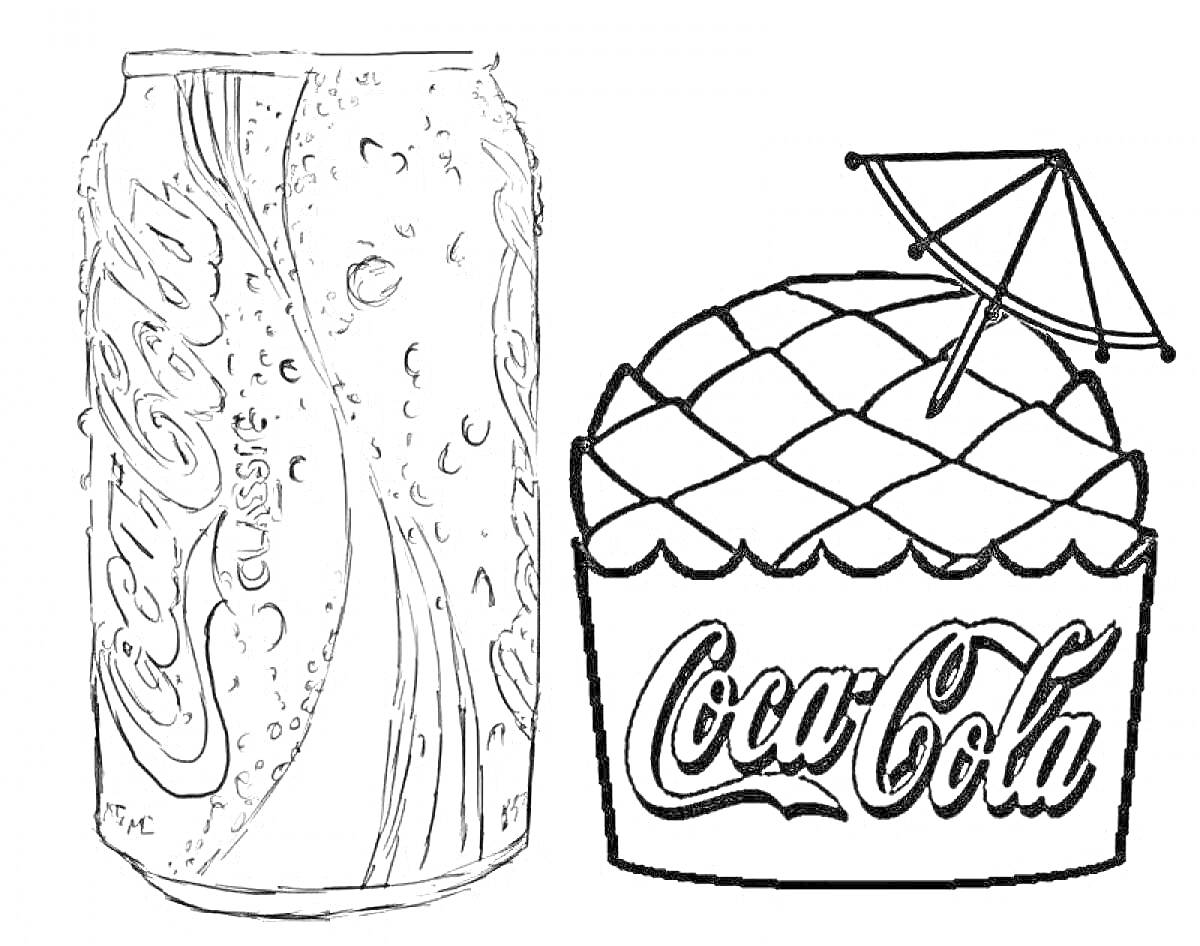 На раскраске изображено: Кока-кола, Напиток, Банка, Мороженое, Десерты, Зонт