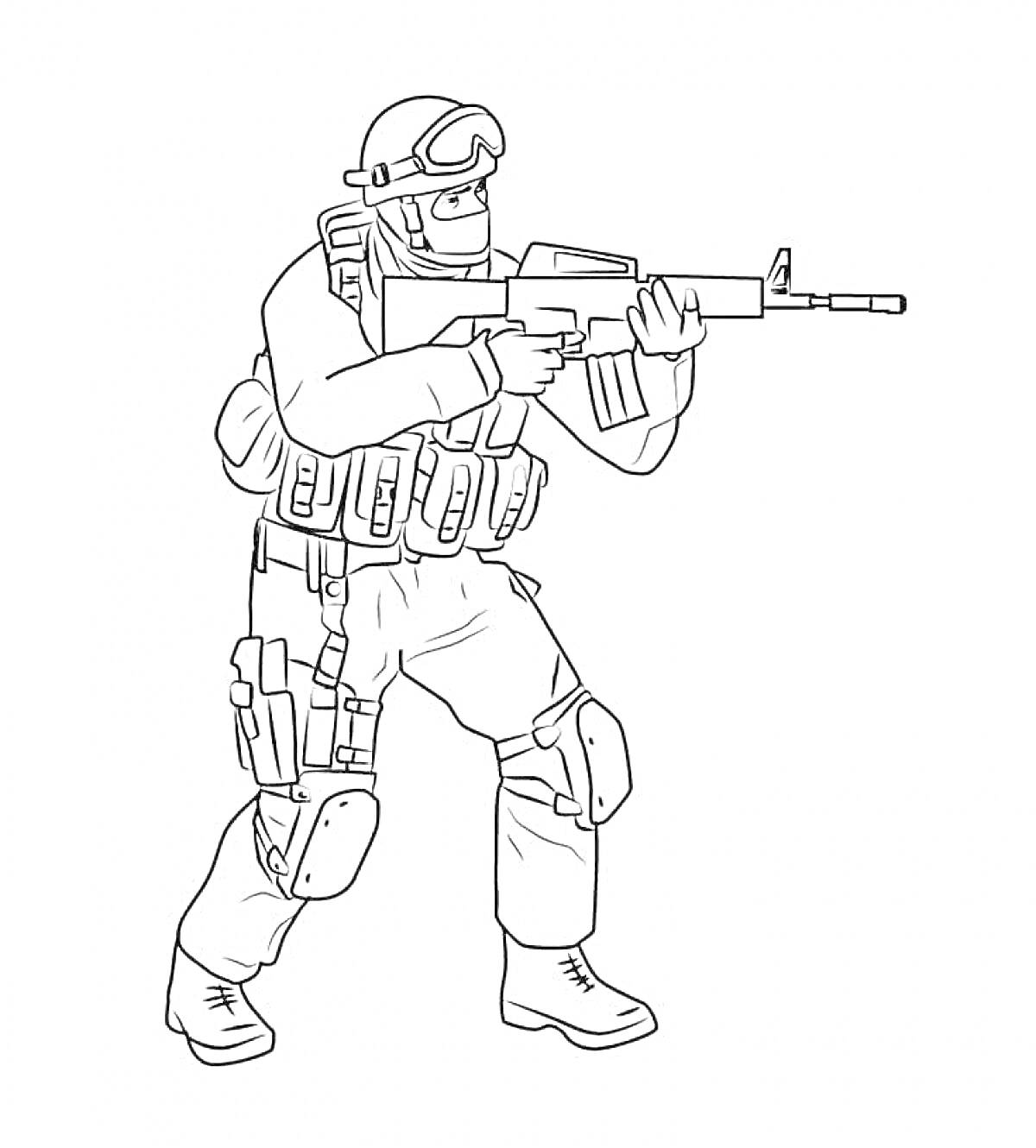 Раскраска Солдат в боевой экипировке с оружием
