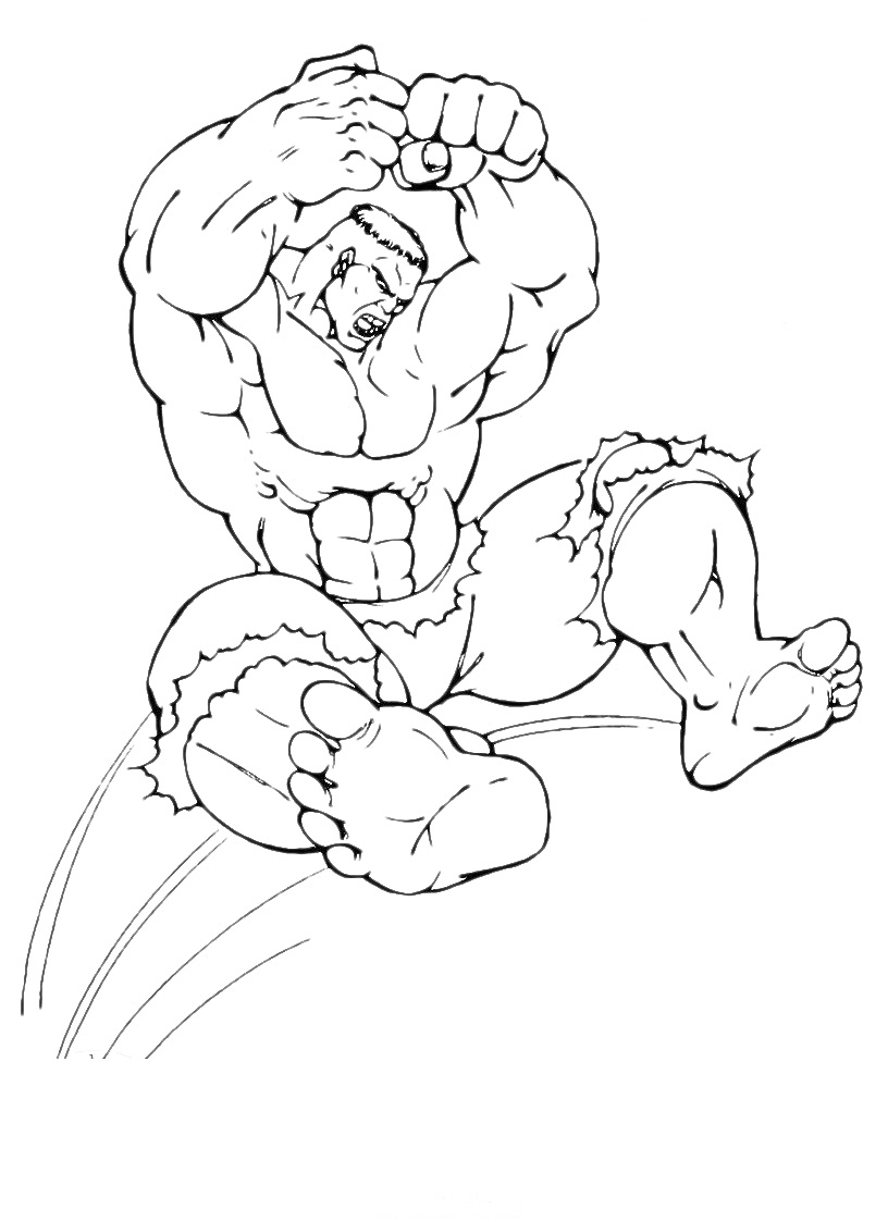 Раскраска Халк в прыжке, в разорванной одежде, с напряженной мускулатурой и сердитым лицом