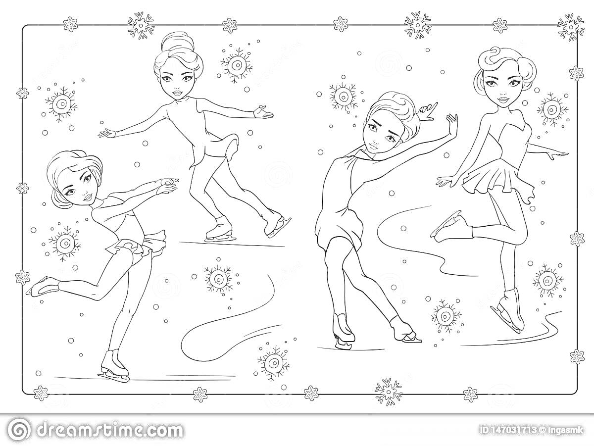 Раскраска три фигуристки в разных позах на льду, снежинки и звездочки по всему фону, декоративная рамка