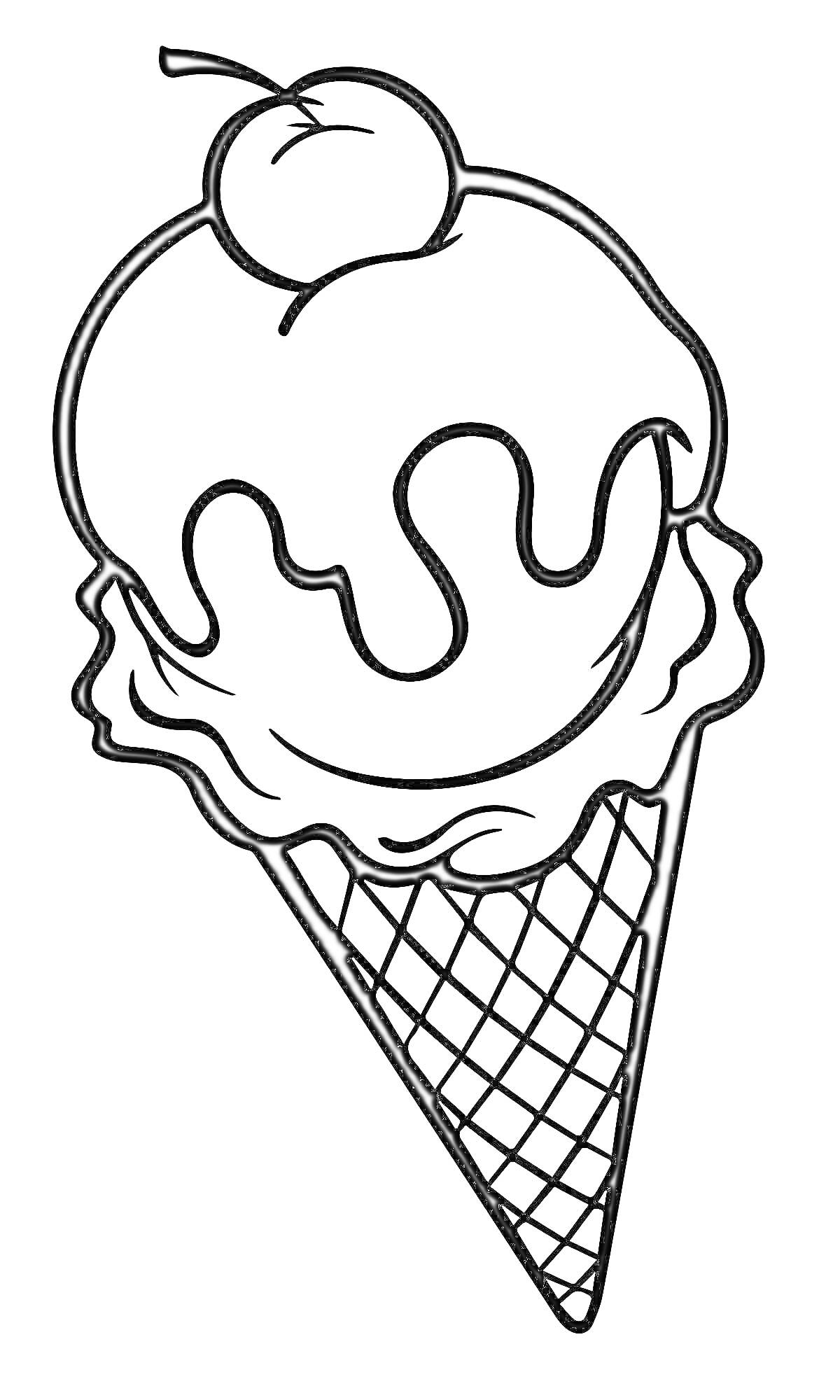 Раскраска мороженое в вафельном рожке с черешней и глазурью