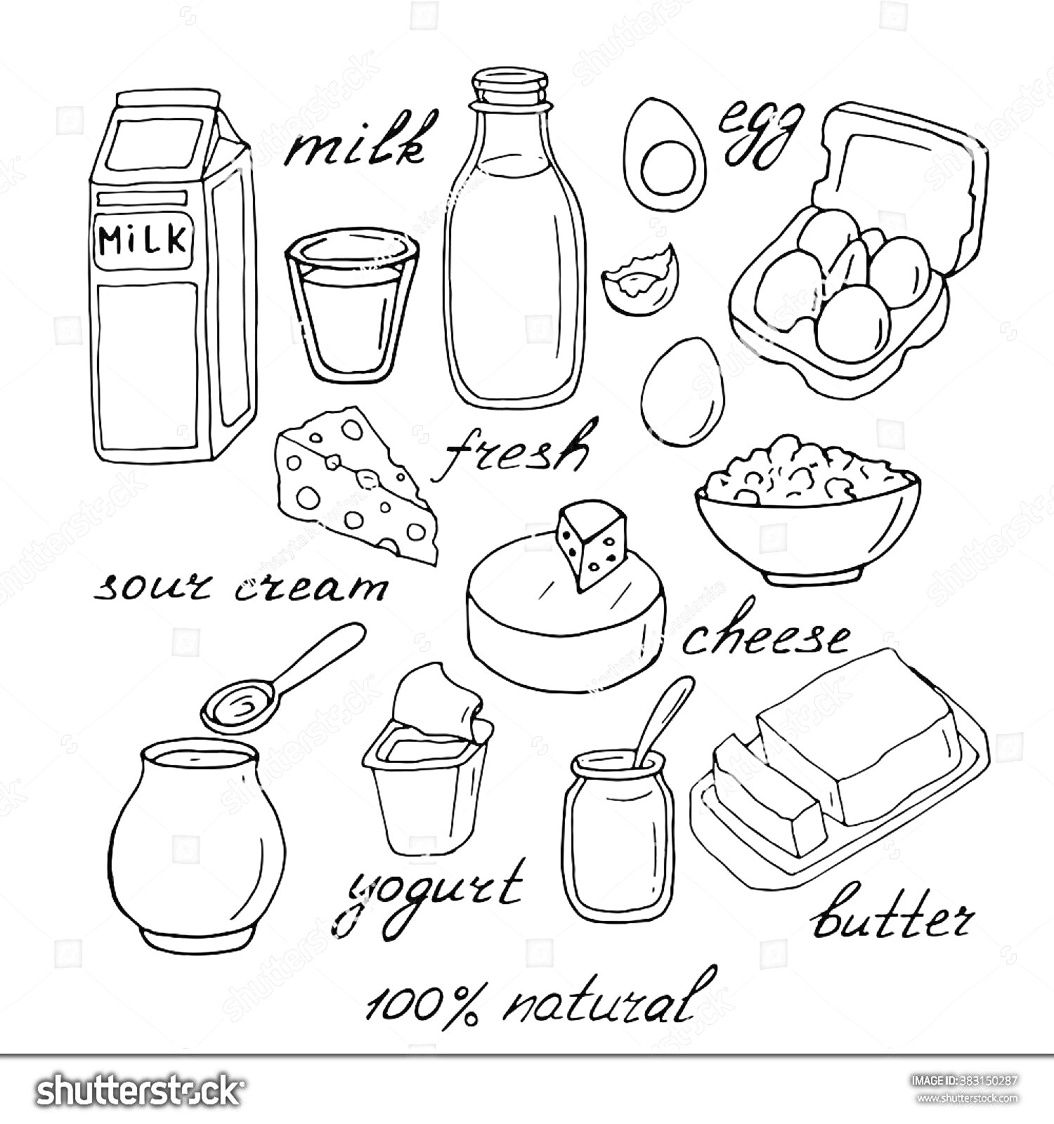 Молочные продукты – молоко в пакете и бутылке, яйцо, яйцо в коробке, сметана, сыр в куске и круглый сыр, творог, йогурт в банке и упаковке, масло