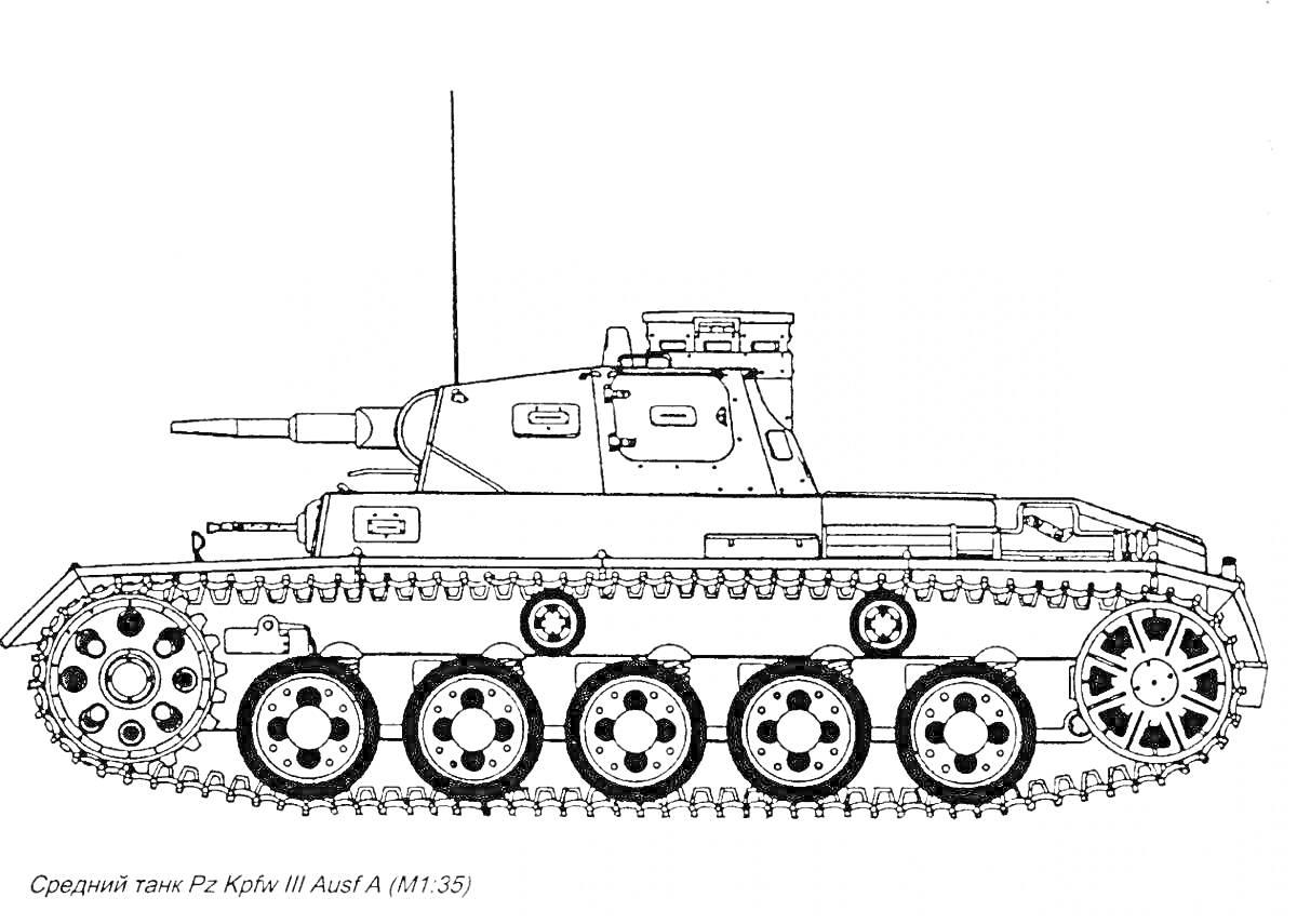 На раскраске изображено: Танк, Немецкий танк, Военная техника, Вторая мировая война, Гусеницы, Орудие