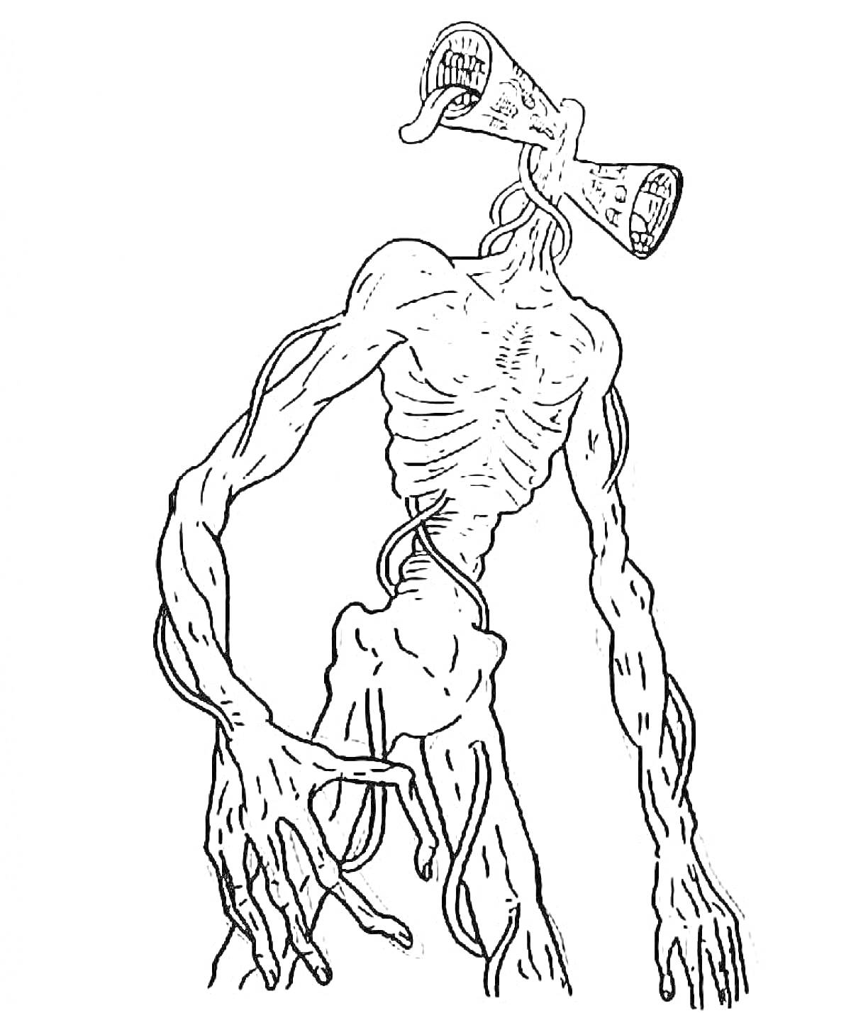 Раскраска Сиреноголовый с деформированным телом, длинными руками и сиреной вместо головы.