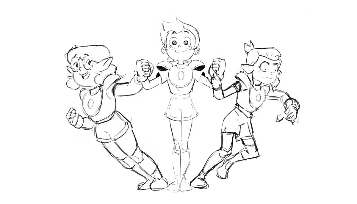 Раскраска Три персонажа в костюмах, держащиеся за руки