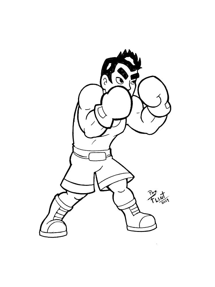 Боксер в стойке с поднятыми кулаками, в перчатках и шортах