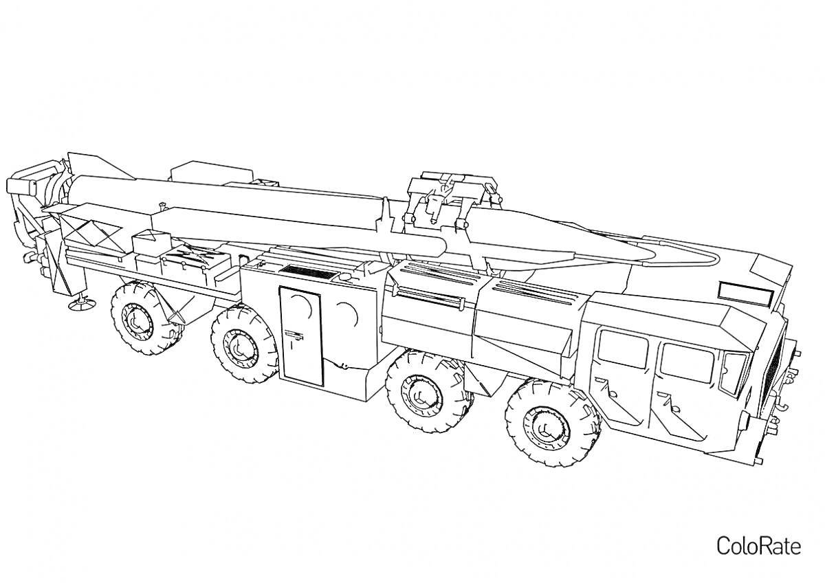 На раскраске изображено: Катюша, Военная техника, Артиллерия, Оружие, Транспорт, Военная машина