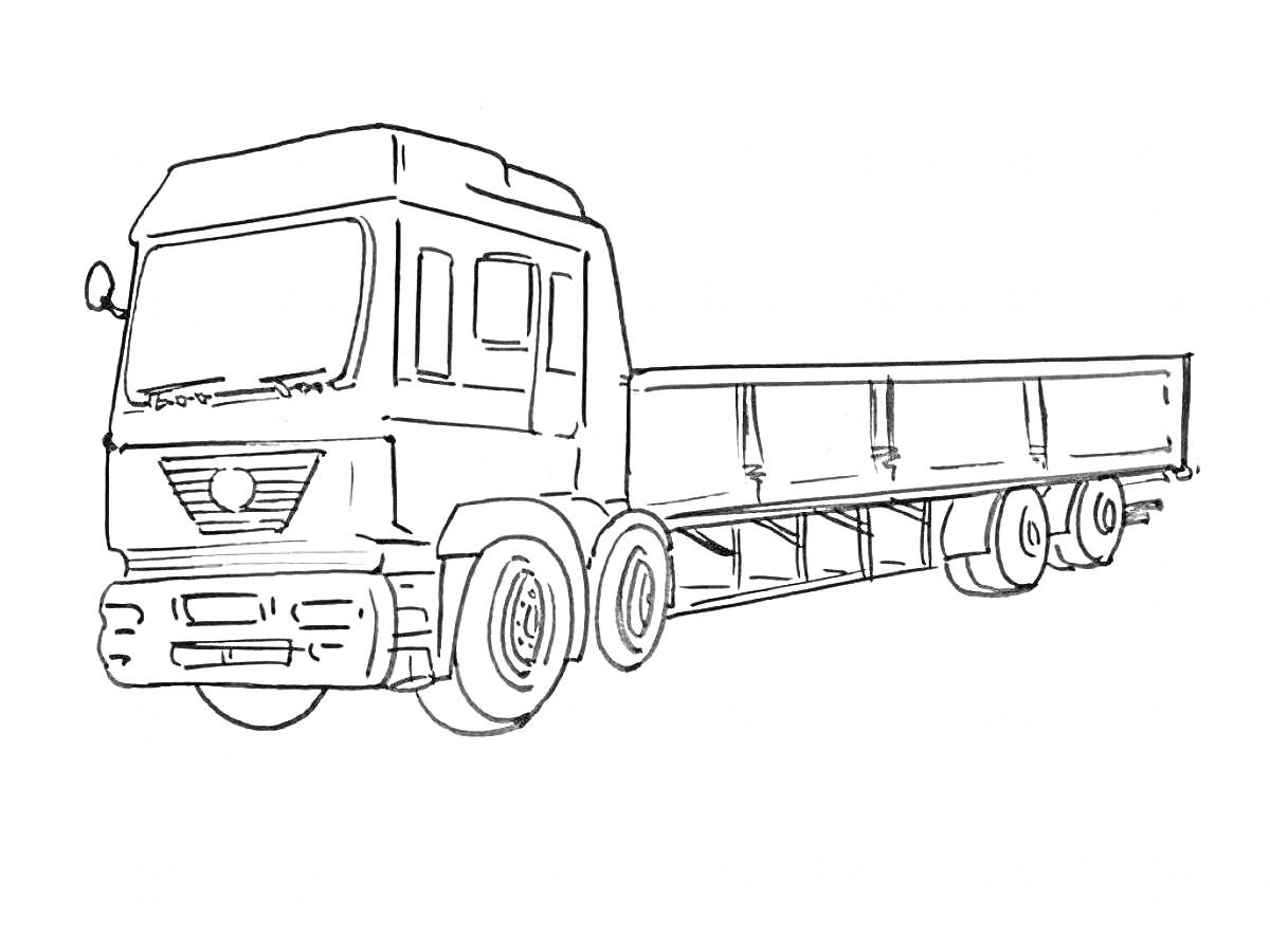На раскраске изображено: Фура, Прицеп, Транспорт, Колёса, Большой грузовик, Длинный прицеп