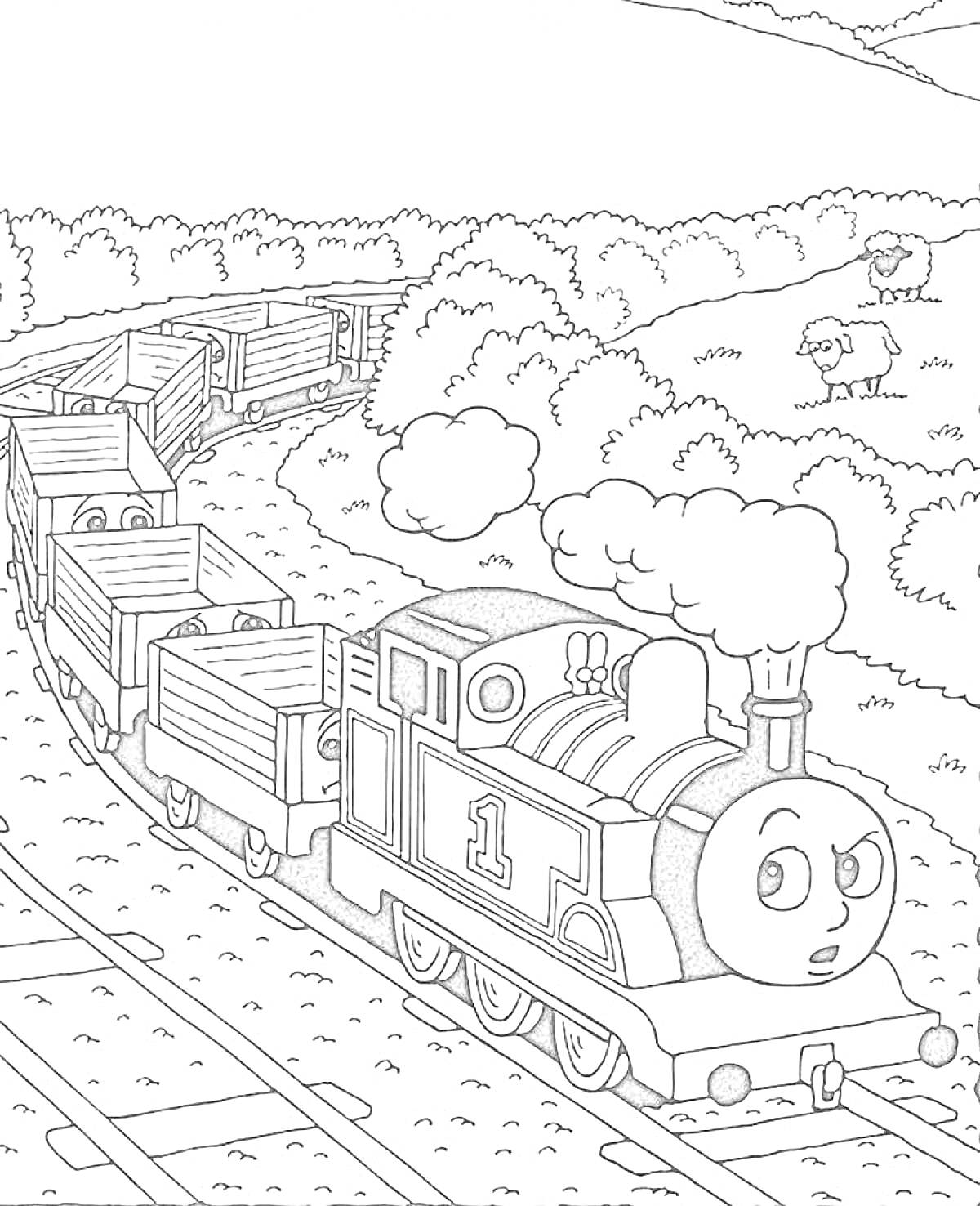 Раскраска Паровозик Томас с вагонами на железнодорожных путях, с овцой на заднем плане