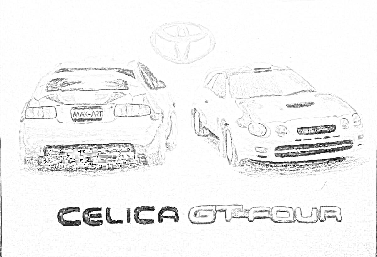 Раскраска Toyota Celica GT-Four: задний и передний вид, логотип Toyota