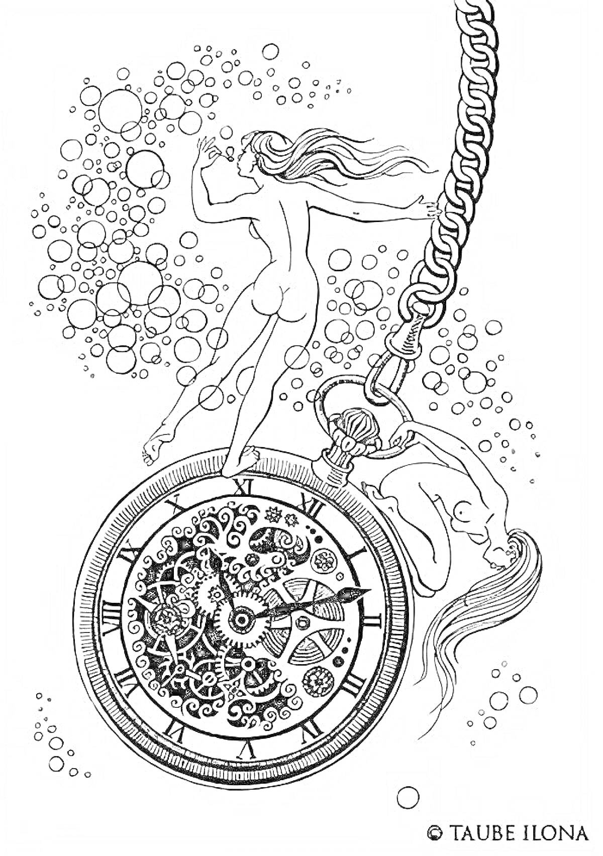 На раскраске изображено: Карманные часы, Цепь, Циферблат, Римские цифры
