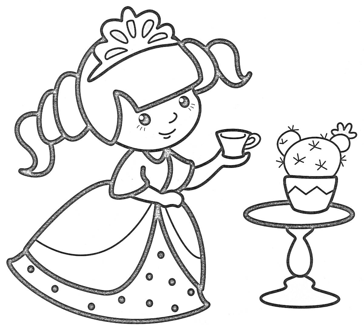Раскраска Девочка в платье с чашкой возле кактуса на столике