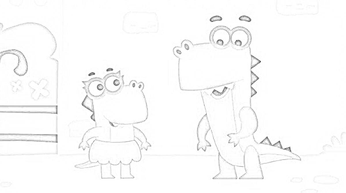 Раскраска Две мультяшные персонажа-крокодила, один из них в платье