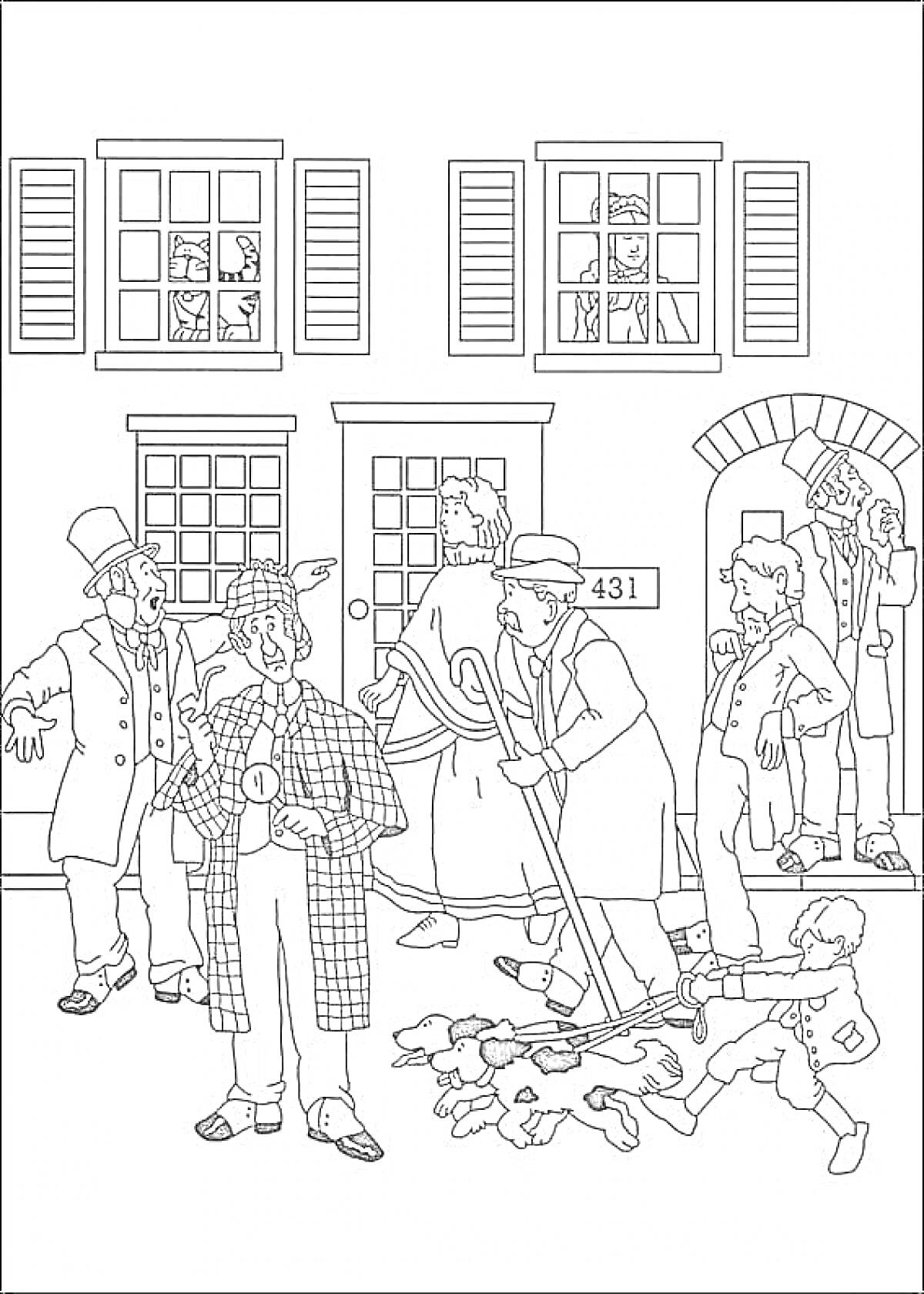 На раскраске изображено: Шерлок Холмс, Окна, Собака, Расследование, Детектив, Лупа, Карета, Дом, Человек, Улицы