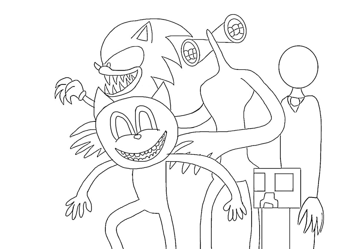 РаскраскаКартун Кэт вместе с другими персонажами: сиреноголовый, человек без лица и осьминог