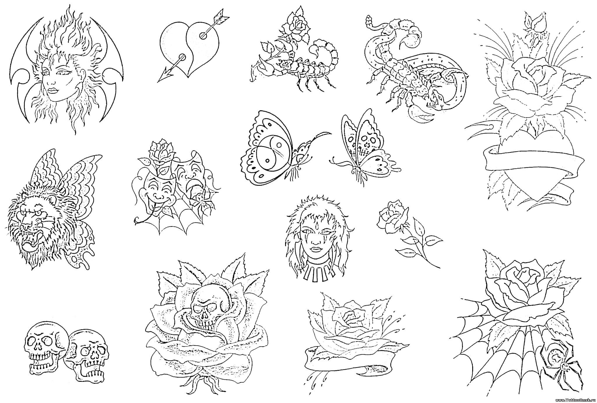 На раскраске изображено: Татуировки, Крылья, Череп, Скорпион, Черепа, Бабочка, Волк