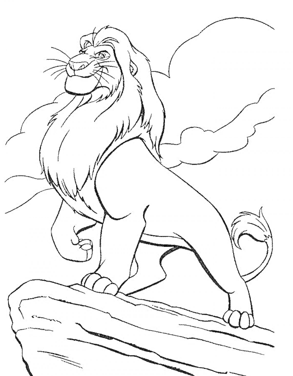 На раскраске изображено: Лев, Король лев, Облака, Природа