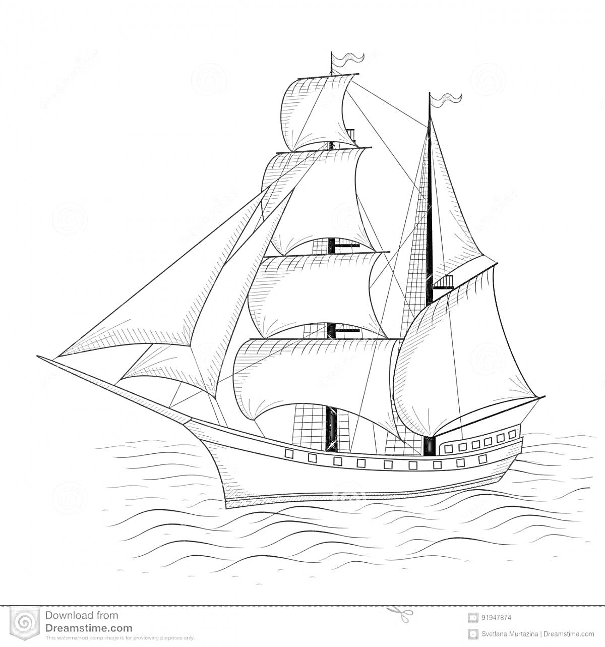 Раскраска Корабль с парусами на воде. Корабль изображен с мачтами, парусами и корпусом. Паруса надуваются ветром, и они установлены на высоких мачтах. Корабль находится на воде с незначительными рябями.