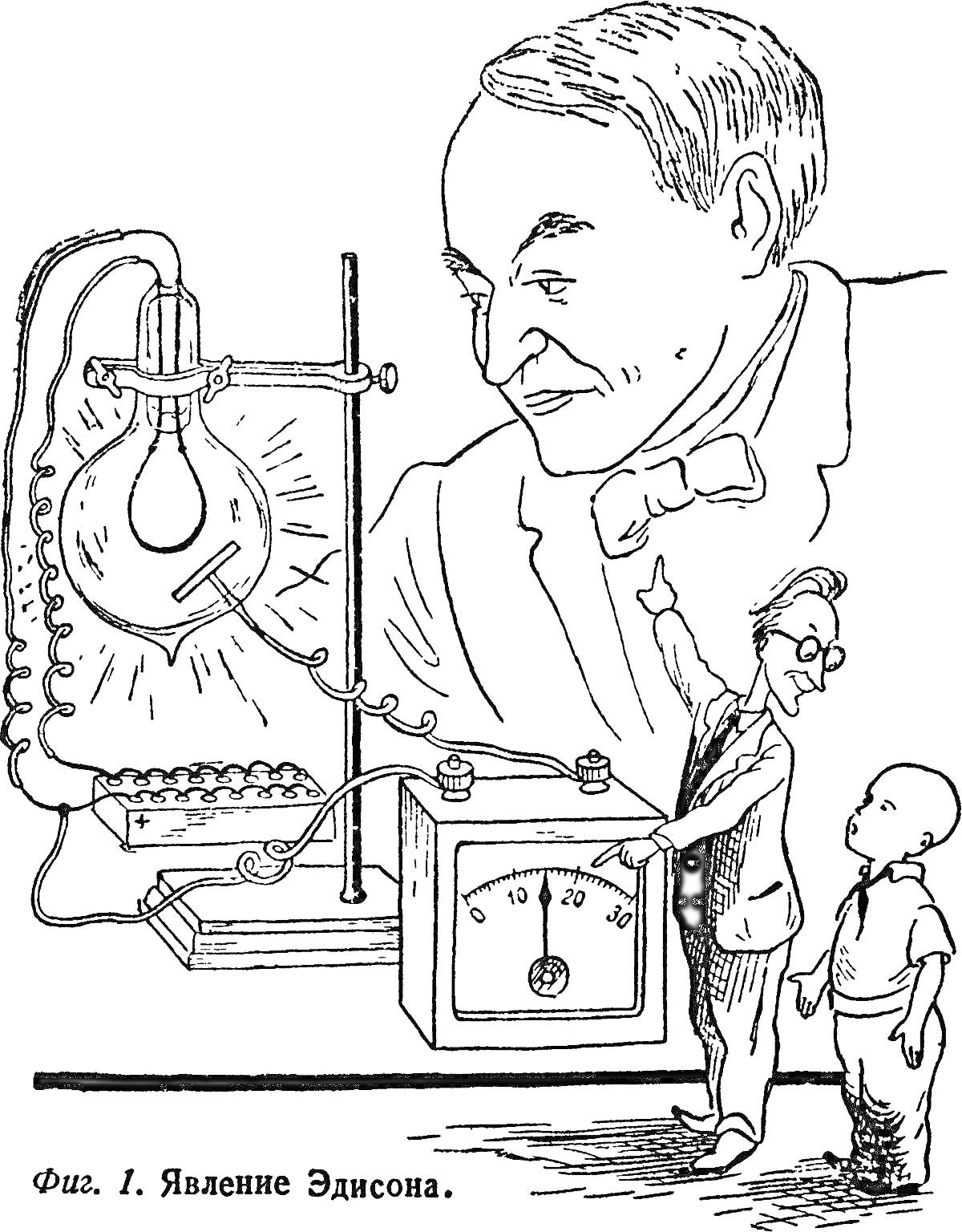 Раскраска Эдисон с лампой и учёный с ребёнком, демонстрация электрического эксперимента