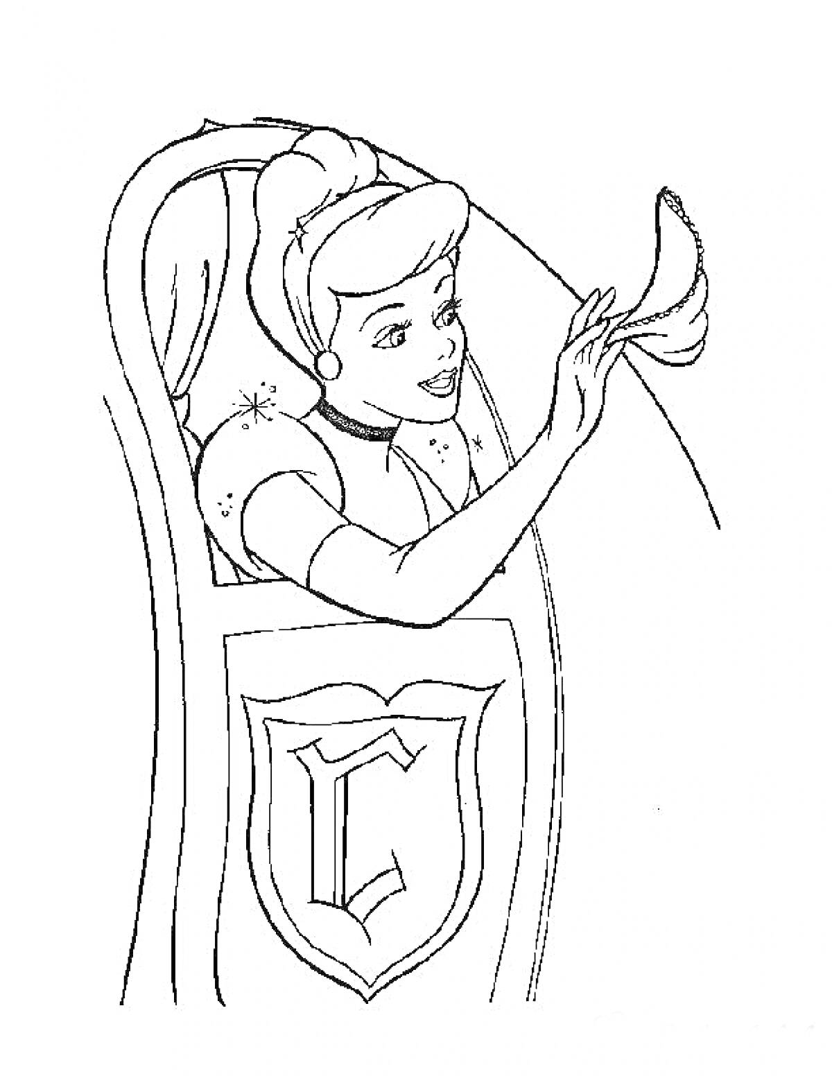 Раскраска Девушка с высоким пучком и платком в руке, украшенная буквой 
