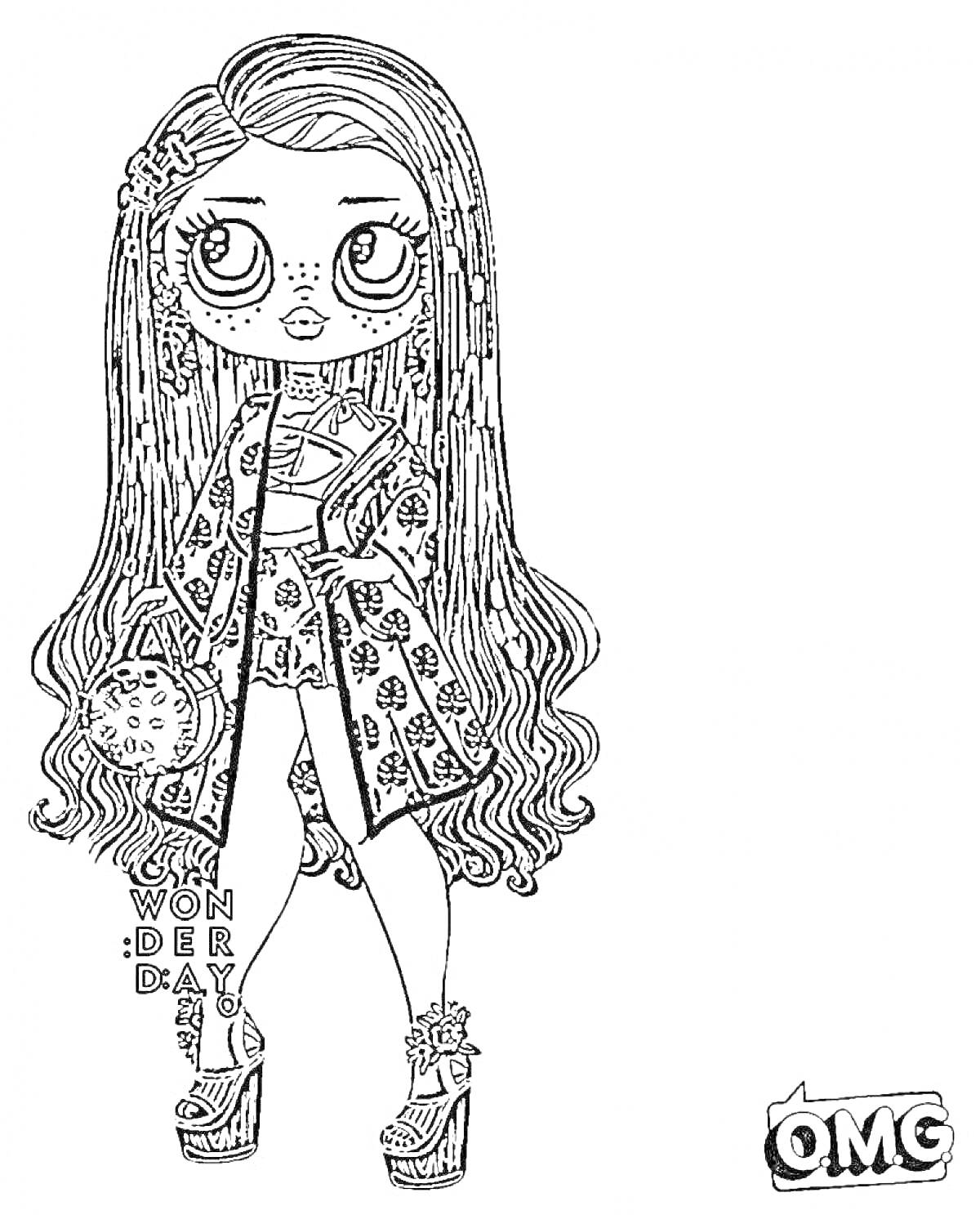 Девочка ЛОЛ с длинными волосами, в стильной одежде с узором, сумочкой и высокими босоножками, надпись 