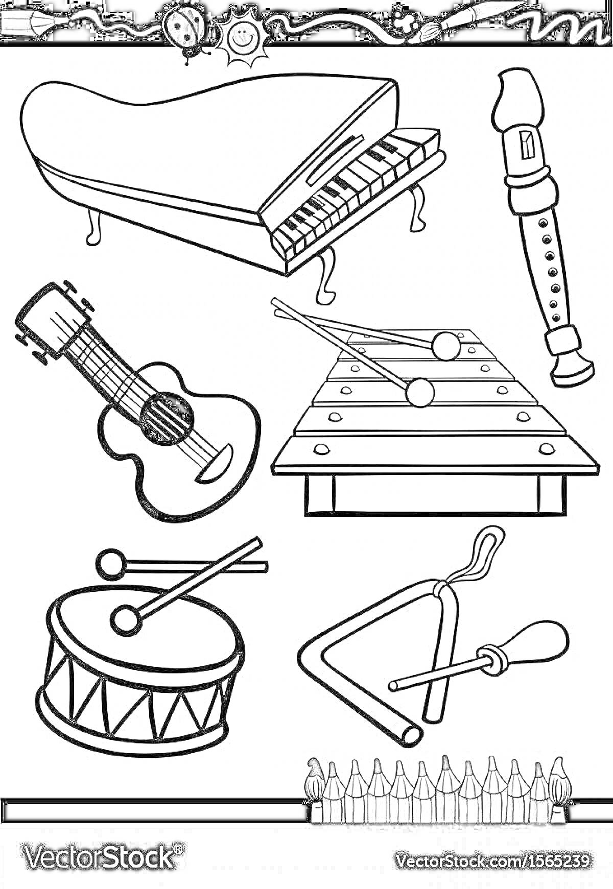 Раскраска Музыкальные инструменты для детей (рояль, гитара, флейта, ксилофон, барабан, треугольник)