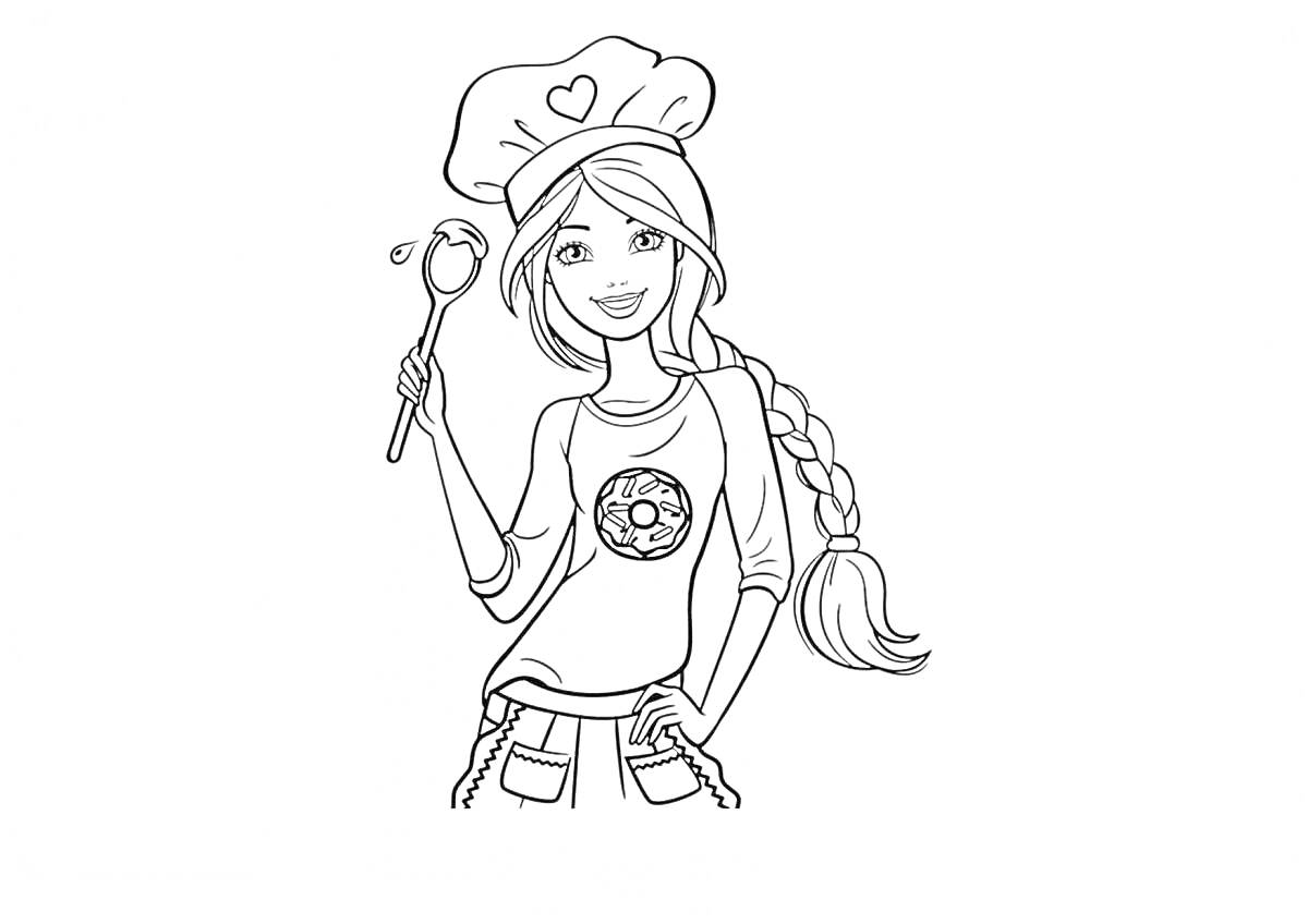 Раскраска Девушка-повар с ложкой, заплетенной косой, поварским колпаком и фартуком с изображением пончика