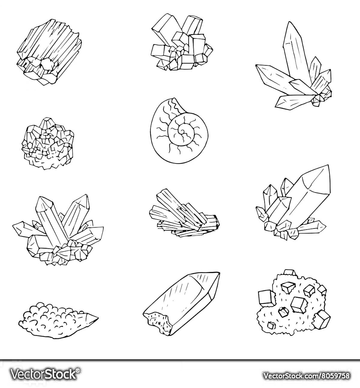 Раскраска Полезные ископаемые для детей: кристаллы, минералы, аммонит