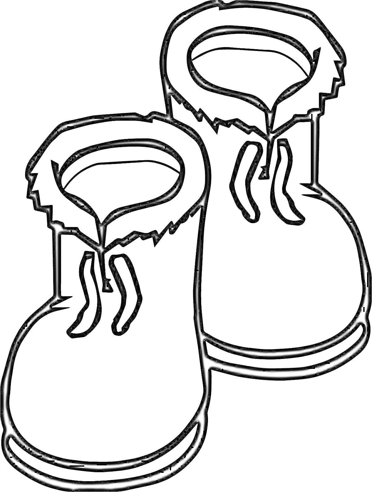 На раскраске изображено: Зимняя обувь, Ботинки, Шнурки, Меховая отделка, Зима