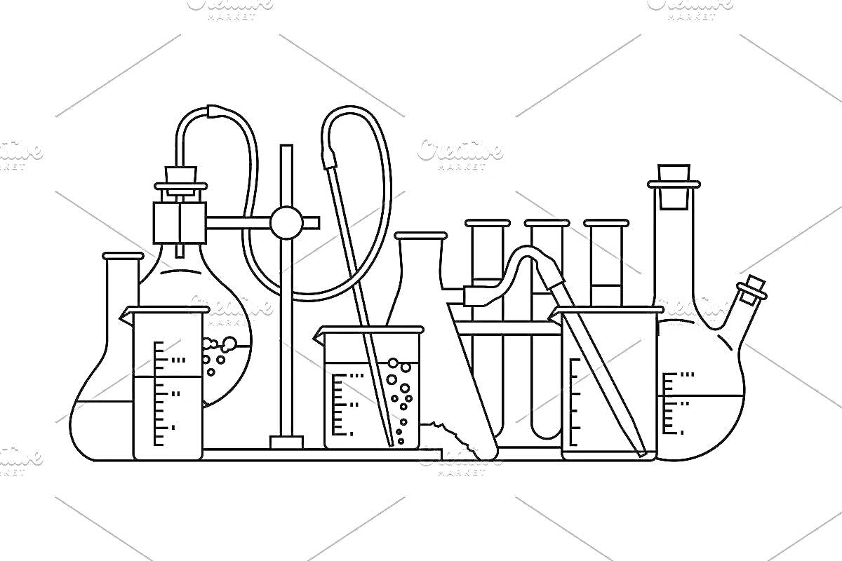 Раскраска Лабораторные принадлежности – колбы, пробирки, мерные стаканы, лабораторные штатив и трубки