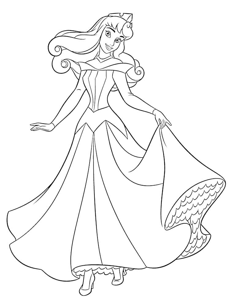 Раскраска Принцесса Аврора в длинном платье с короной на голове, держит край платья