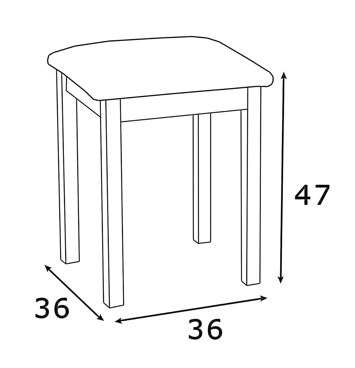 Табурет с размерами - высота 47 см, ширина и длина 36 см