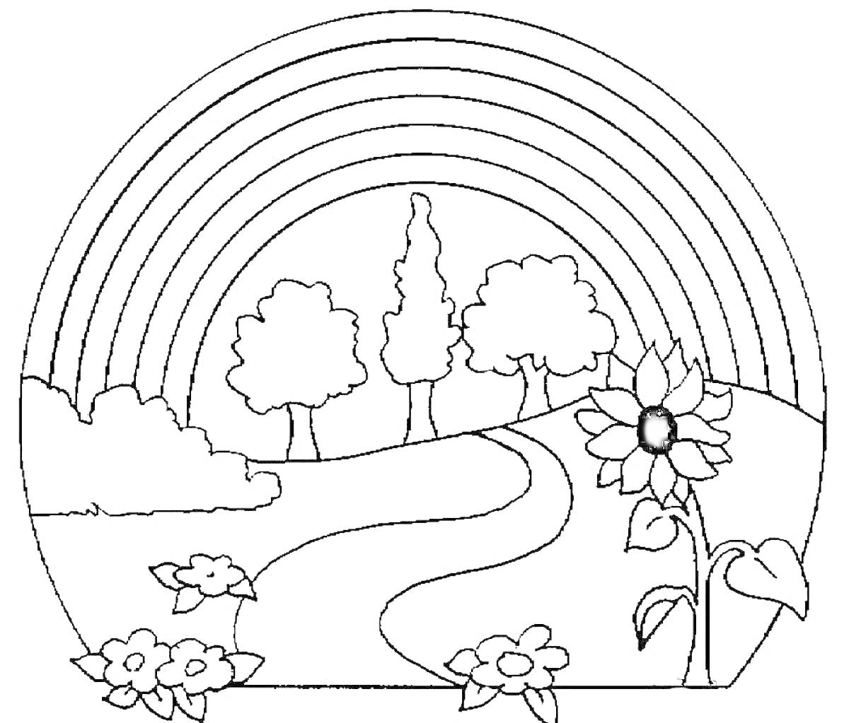 Раскраска Радуга над лугом с деревьями, цветами и дорогой