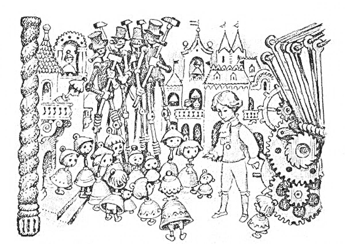 На раскраске изображено: Шестеренки, Здания, Часы, Мальчик, Игрушки, Карусель, Архитектура, Механизмы, Кукла, Человек