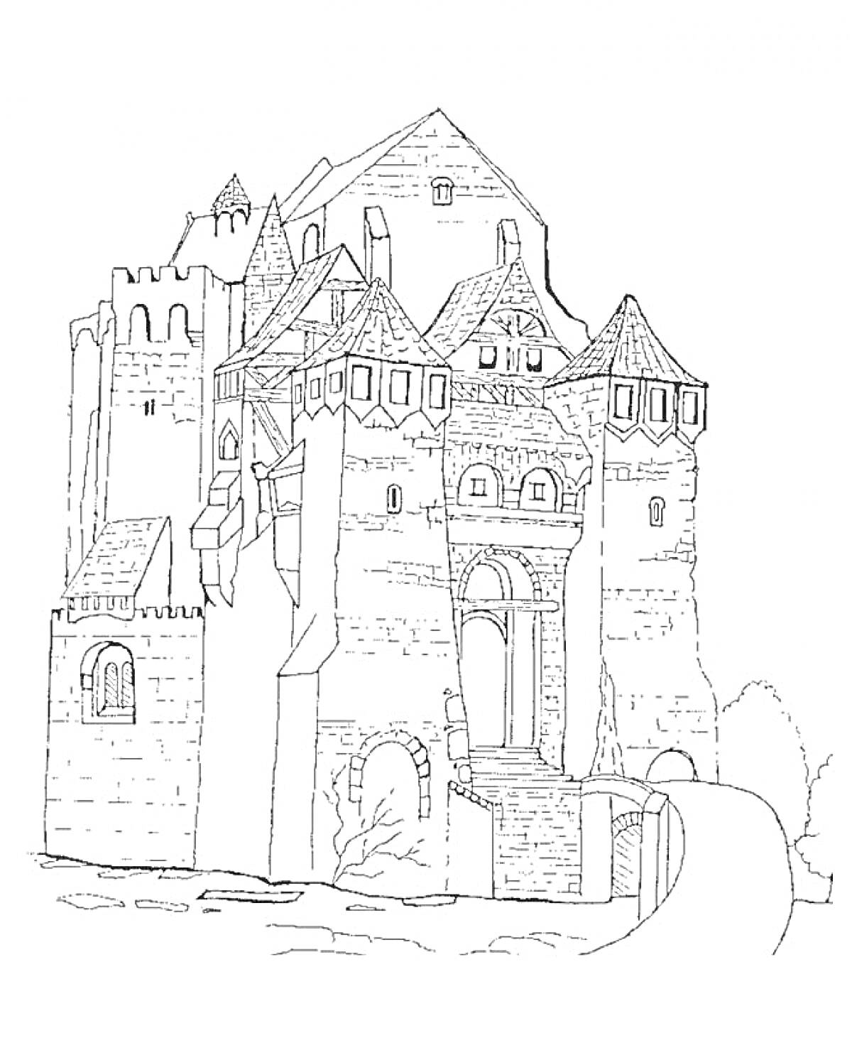 На раскраске изображено: Замок, Башни, Крепость, Архитектура, Лестница, Арка, Стена, Дороги
