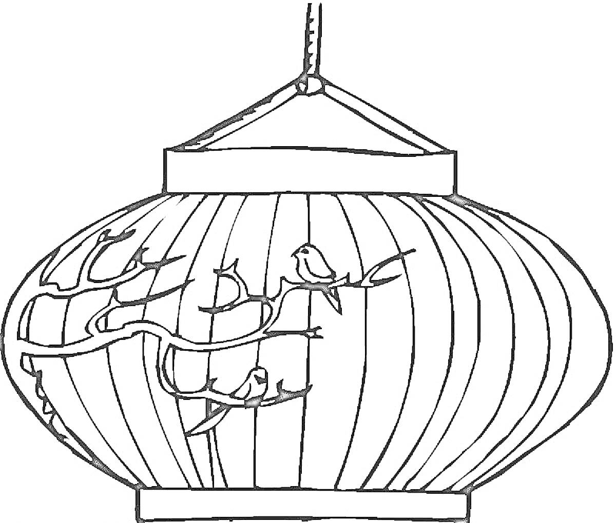 Раскраска Китайский фонарь с птицами на ветках