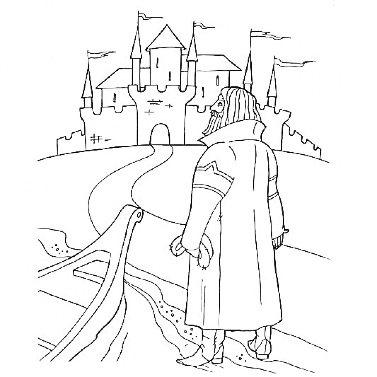 Раскраска Человек в плаще, мост, замок на горизонте