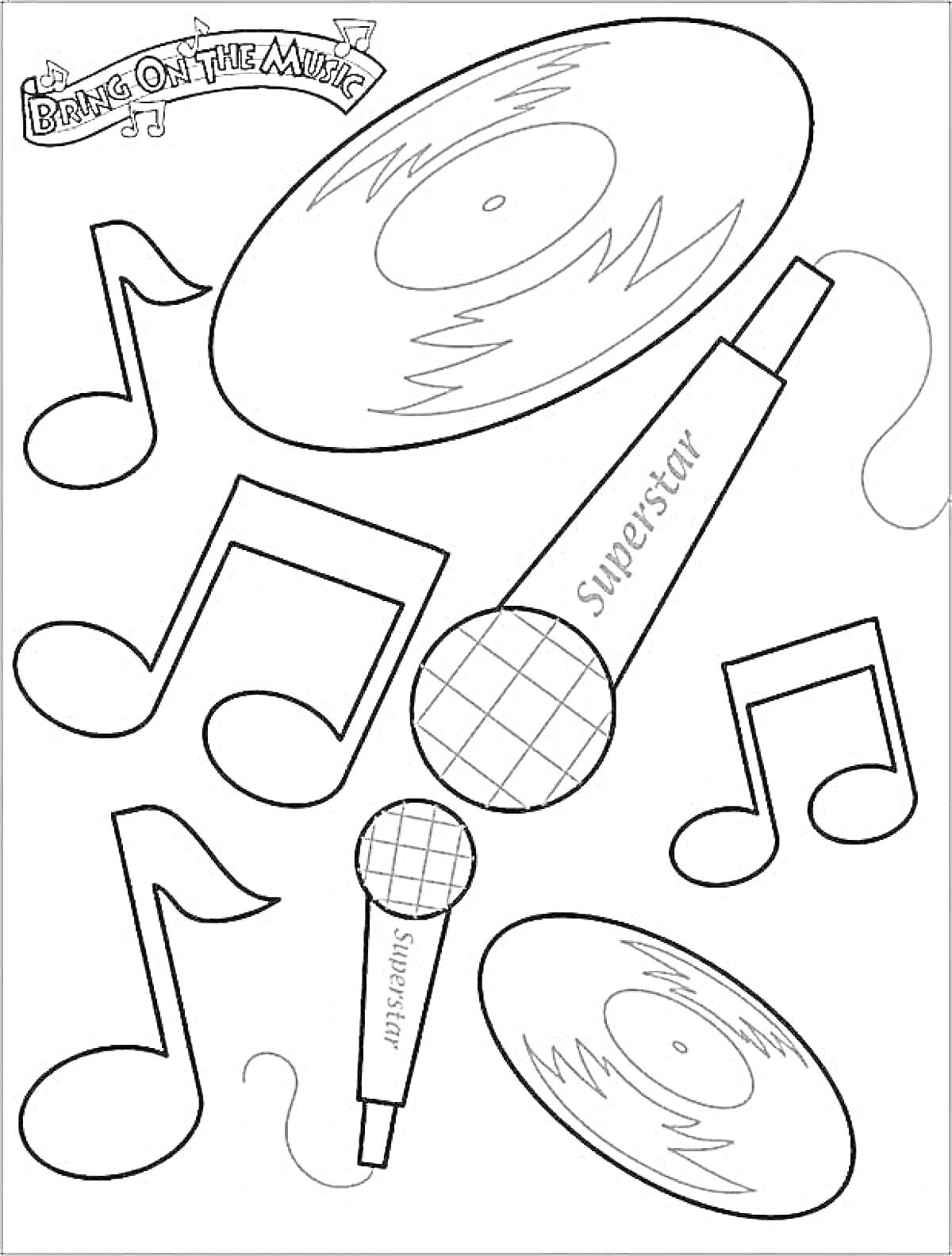 На раскраске изображено: Микрофон, Музыкальные ноты, Музыка, Музыкальные инструменты