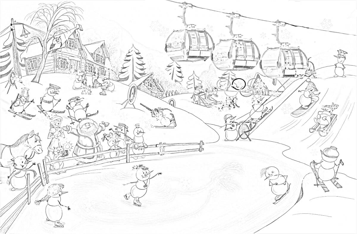 Раскраска Зимние забавы в Дедморозовке: снеговики, домики, Санта Клаус, елки, катание на лыжах, катание на коньках, горка, канатная дорога