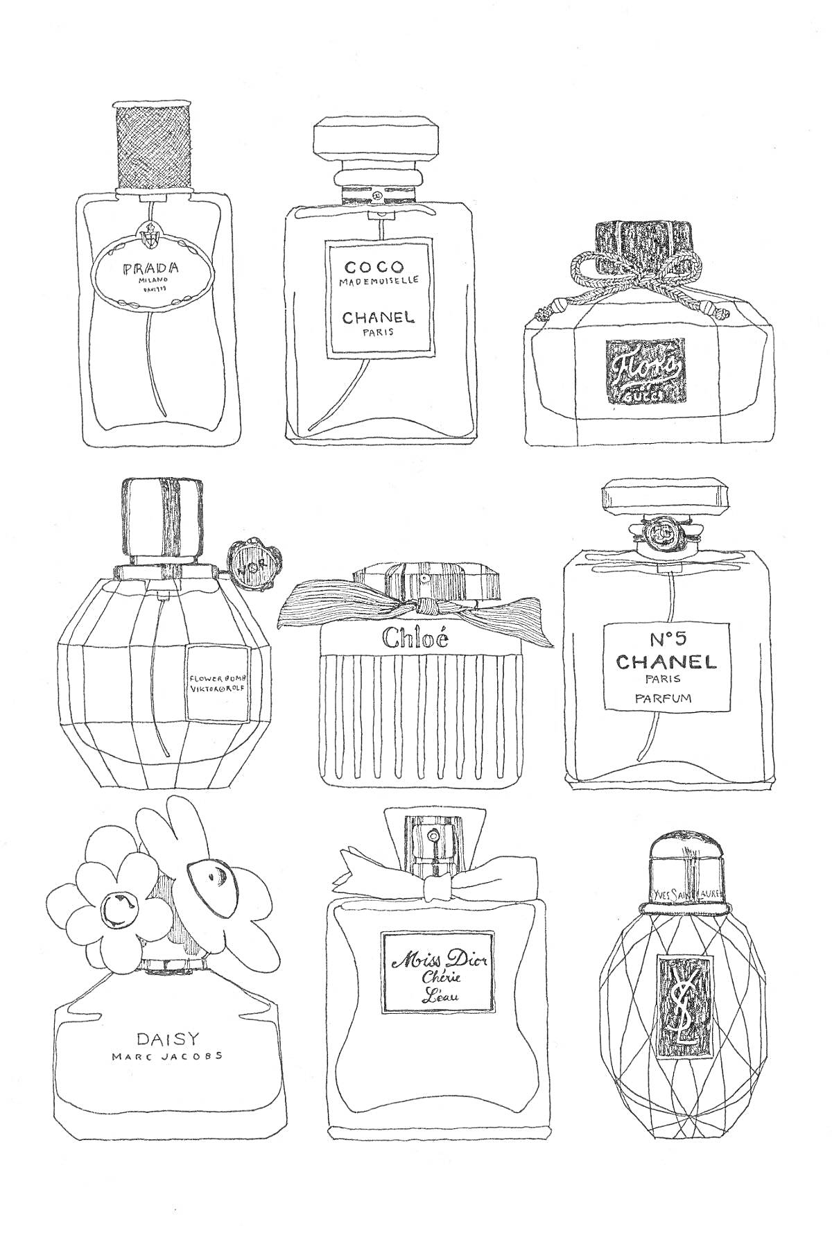  Разнообразие флаконов духов: Prada, Coco Mademoiselle Chanel, Flora by Gucci, Chloe, N°5 Chanel, Daisy Marc Jacobs, Miss Dior, Yves Saint Laurent